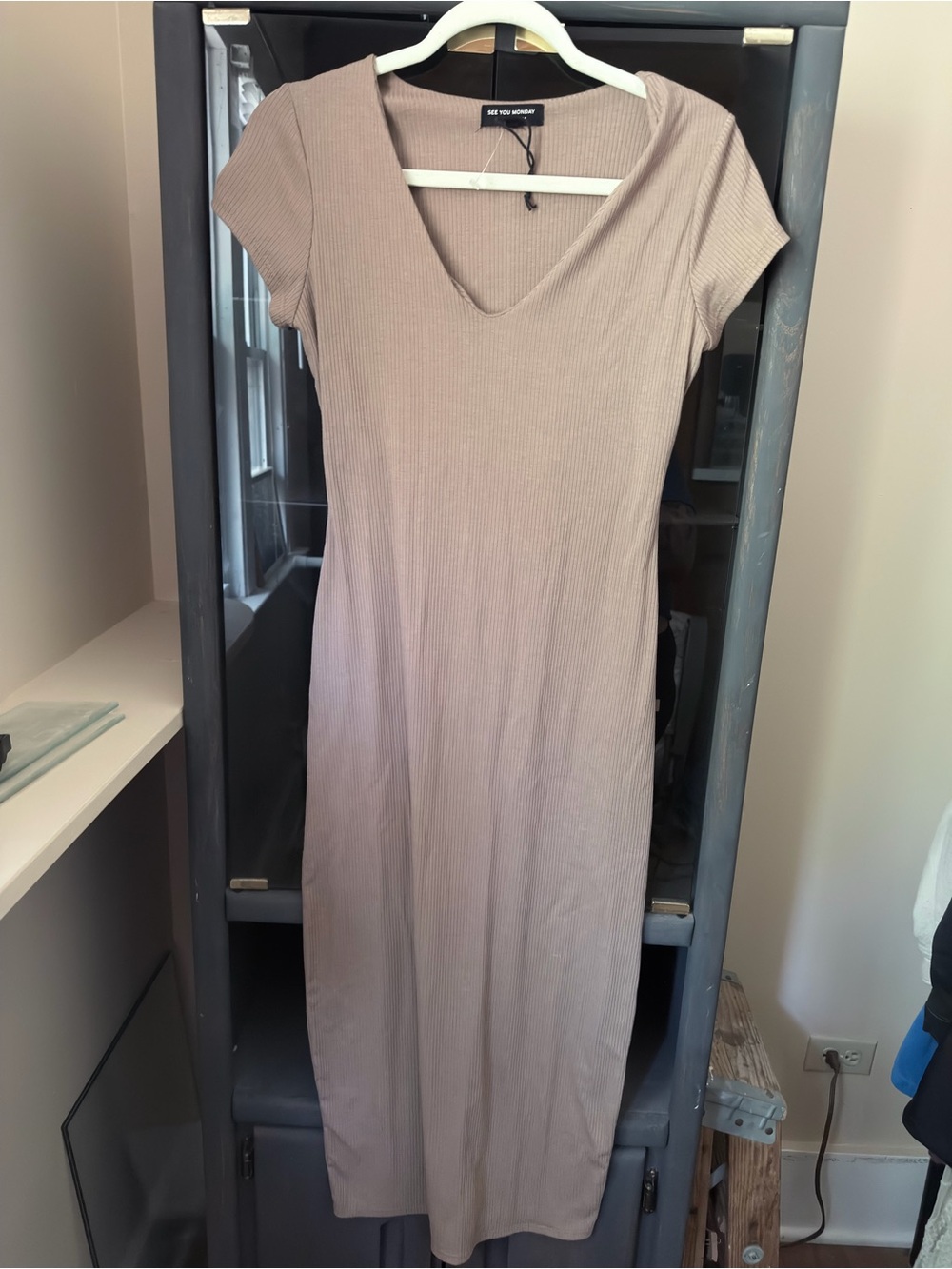 See You Monday Ribbed V-Neck Midi Dress in Taupe